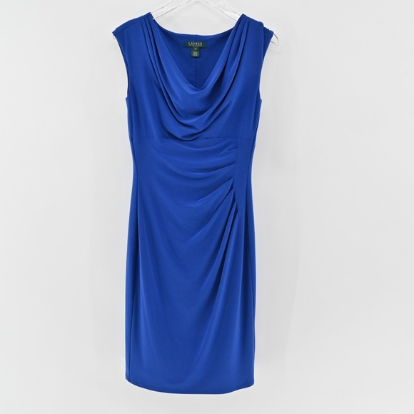 RALPH LAUREN Dress Size 6 Cobalt Blue Stretch Jersey Cowl Neck Ruched Corpcore - Picture 2 of 12